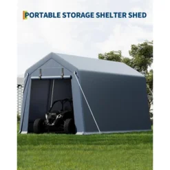10x15FT Outdoor Storage Shed, Portable Carport With Roll-up Zipper Door And Windows, Heavy Duty Motorcycle Shed Garage Tent For Bike Firewood Tools