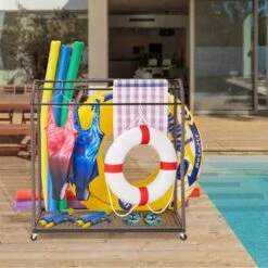 Outdoor Pool Towel Rack With Rattan Base, Freestanding Clothing Rack With Lockable Swivel Wheels, Storage Organizer For Floats, Pool, Swimming -The Range Shop GUEST cc0b85d2 3cd4 481b 9a0f 2c0695cbfe34