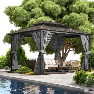 10' X 10' Aluminum Hardtop Gazebo With Galvanized Steel Double Roof Canopy, Outdoor Pergola With Curtains And Netting For Patio Backyard Deck, Grey 5 10' X 10' Aluminum Hardtop Gazebo With Galvanized Steel Double Roof Canopy, Outdoor Pergola With Curtains And Netting For Patio Backyard Deck, Grey - Image 5