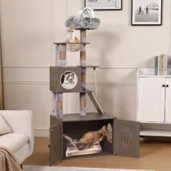 Cat Tree With Litter Box Enclosure, 2-in-1 Cat Tower, 66.9-Inch Tall Cat Condo With Scratching Posts, Perch (Grey) -The Range Shop GUEST cd9a4d8f f79b 4e2c b1f3 63e45b576c8b