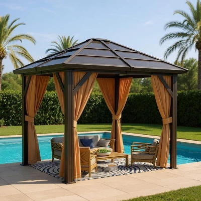 Hardtop Gazebo, Polycarbonate Roof Outdoor Canopy, Aluminum Frame Pavilion, With Netting And Sunshade Curtains, For Backyard, Patio, Lawns, Parties 5 Hardtop Gazebo, Polycarbonate Roof Outdoor Canopy, Aluminum Frame Pavilion, With Netting And Sunshade Curtains, For Backyard, Patio, Lawns, Parties - Image 5