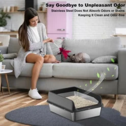 Stainless Steel Cat Litter Box With Lid, Large Litter Box For Big Cats Non-Stick Stainless Steel Cat Boxes With Double Layer Litter Mat And Scoop