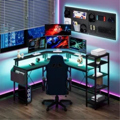 61" L Shaped Gaming Desk, With Monitor Stand, L-Shaped Corner Computer Desks, Built-in LED Lights And Side Storage Pockets, For Small Spaces