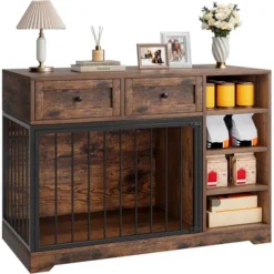 Dog Crate, Wooden Dog Kennel End Table With 2 Drawers And 4 Open Storage Shelves, Removable Bowls 16 Dog Crate, Wooden Dog Kennel End Table With 2 Drawers And 4 Open Storage Shelves, Removable Bowls -The Range Shop GUEST d77073b2 03a0 4eb1 9beb 02b49bf49399