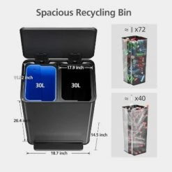 Kitchen Stainless Steel Trash Can, 16 Gallon/ 60L Dual Compartment Garbage Can With Soft Close Lid, Step On Waste Bin For Living Room, Office, Silver