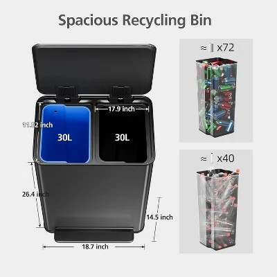 Kitchen Stainless Steel Trash Can, 16 Gallon/ 60L Dual Compartment Garbage Can With Soft Close Lid, Step On Waste Bin For Living Room, Office, Silver 1 Kitchen Stainless Steel Trash Can, 16 Gallon/ 60L Dual Compartment Garbage Can With Soft Close Lid, Step On Waste Bin For Living Room, Office, Silver