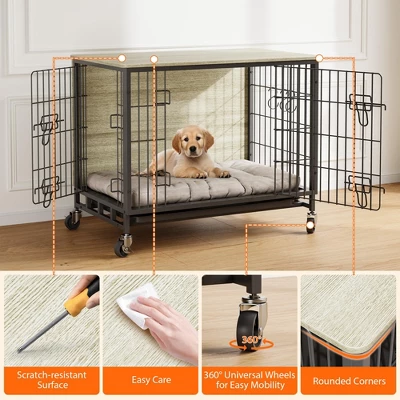 27.2" Modern Double Door Wooden Dog Kennel For Indoor Use With Removable Tray And Mobility Wheels 3 27.2" Modern Double Door Wooden Dog Kennel For Indoor Use With Removable Tray And Mobility Wheels - Image 3