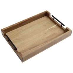 Serving Tray With Metal Handles, 17 Inches Acacia Wood Coffee Table Tray, Trays For Serving Food