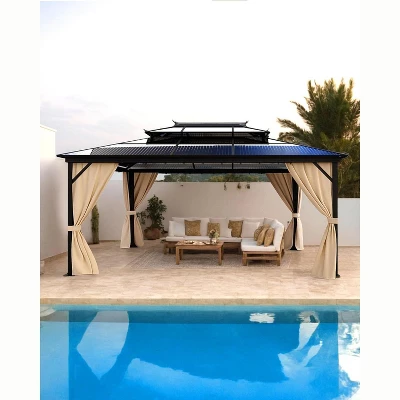 12'x16' Hardtop Gazebo, Outdoor Polycarbonate Double Roof Canopy, Aluminum Frame Pergola With Curtains And Netting For Garden, Patio, Lawns, Khaki 5 12'x16' Hardtop Gazebo, Outdoor Polycarbonate Double Roof Canopy, Aluminum Frame Pergola With Curtains And Netting For Garden, Patio, Lawns, Khaki - Image 5