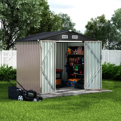 Outdoor Storage Shed 6x8 Ft, Metal Outdoor Tool Storage With Lockable Doors And Sloping Roof, Large Metal Garden Shed For Patio, Backyard, Black 7 Outdoor Storage Shed 6x8 Ft, Metal Outdoor Tool Storage With Lockable Doors And Sloping Roof, Large Metal Garden Shed For Patio, Backyard, Black - Image 7