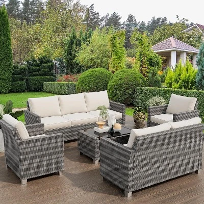 Outdoor Wicker Patio Furniture Sectional Set, Glass Top Table With Hidden Storage, Includes 7 Seating Components, Natural Rattan With Cushions 1 Outdoor Wicker Patio Furniture Sectional Set, Glass Top Table With Hidden Storage, Includes 7 Seating Components, Natural Rattan With Cushions