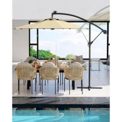 10FT Cantilever Umbrella, Base Included - For 2-6 People, 360-Degree Rotation & Infinite Tilt, Fade-Resistant Canopy For Deck Pool Garden Backyard