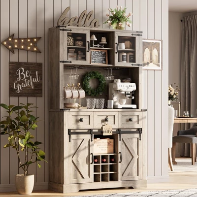 Farmhouse Coffee Bar Cabinet, 72" Tall Kitchen Hutch With 2 Sliding Barn Doors, 3 Drawers, Wine & Glass Rack, Pantry Storage Cabinets, Oak Grey 8 Farmhouse Coffee Bar Cabinet, 72" Tall Kitchen Hutch With 2 Sliding Barn Doors, 3 Drawers, Wine & Glass Rack, Pantry Storage Cabinets, Oak Grey - Image 8
