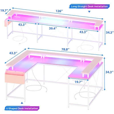 U Shaped Gaming Desk, Reversible Shaped Large Computer Desk With Monitor Stand, Large Corner Office Desk Storage Bag And Hooks, Pink 2 U Shaped Gaming Desk, Reversible Shaped Large Computer Desk With Monitor Stand, Large Corner Office Desk Storage Bag And Hooks, Pink - Image 2