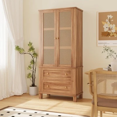 64 Inch Tall Kitchen Pantry Cabinet, Rattan Storage Cabinet With 2 Drawers & 2 Adjustable Shelves, Wood Cupboard For Dining Room Apartment 6 64 Inch Tall Kitchen Pantry Cabinet, Rattan Storage Cabinet With 2 Drawers & 2 Adjustable Shelves, Wood Cupboard For Dining Room Apartment - Image 6