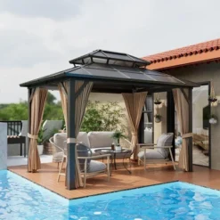 10x13 FT Outdoor Gazebo With Polycarbonate Double Roof, Aluminum Frame Pergola With Curtains And Netting For Patio, Garden, Patio, Lawns, Khaki -The Range Shop GUEST ed9ffd0c bb27 4a6f 84ab 7410d7db61d1