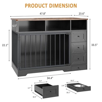 48'' High Quality Wood Dog Crate Furniture With Bowl & Storage Drawers For Small Medium, Black 2 48'' High Quality Wood Dog Crate Furniture With Bowl & Storage Drawers For Small Medium, Black - Image 2