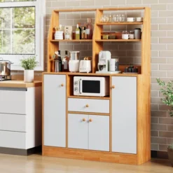 Kitchen Pantry Cabinet With Drawers - Wood Sideboard Buffet With Doors, Adjustable Shelf, Storage Rack, Coffee Bar Station For Kitchen Dining Room