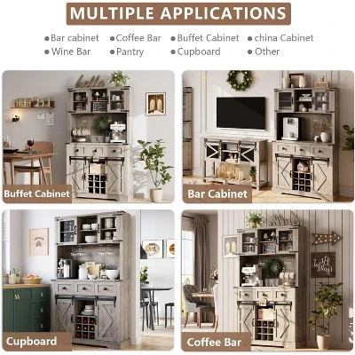 Farmhouse Coffee Bar Cabinet, 72" Tall Kitchen Hutch With 2 Sliding Barn Doors, 3 Drawers, Wine & Glass Rack, Pantry Storage Cabinets, Oak Grey 5 Farmhouse Coffee Bar Cabinet, 72" Tall Kitchen Hutch With 2 Sliding Barn Doors, 3 Drawers, Wine & Glass Rack, Pantry Storage Cabinets, Oak Grey - Image 5
