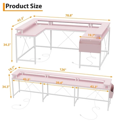 U Shaped Gaming Desk, Reversible Shaped Large Computer Desk With Monitor Stand, Large Corner Office Desk Storage Bag And Hooks, Pink 5 U Shaped Gaming Desk, Reversible Shaped Large Computer Desk With Monitor Stand, Large Corner Office Desk Storage Bag And Hooks, Pink - Image 5