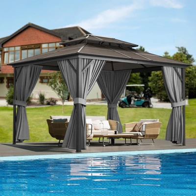 10' X 10' Aluminum Hardtop Gazebo With Galvanized Steel Double Roof Canopy, Outdoor Pergola With Curtains And Netting For Patio Backyard Deck, Grey 6 10' X 10' Aluminum Hardtop Gazebo With Galvanized Steel Double Roof Canopy, Outdoor Pergola With Curtains And Netting For Patio Backyard Deck, Grey - Image 6