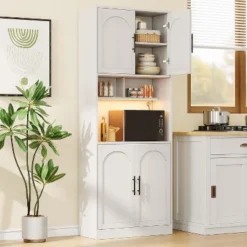 71 Inch Tall Kitchen Pantry Cabinet With Microwave Stand & Led Lights, Hutch Storage Cabinet, Slim Wood Cupboard For Dining Rooms, Apartments, White -The Range Shop GUEST ff7f0b49 59ce 4e14 8348 a96a337534f0